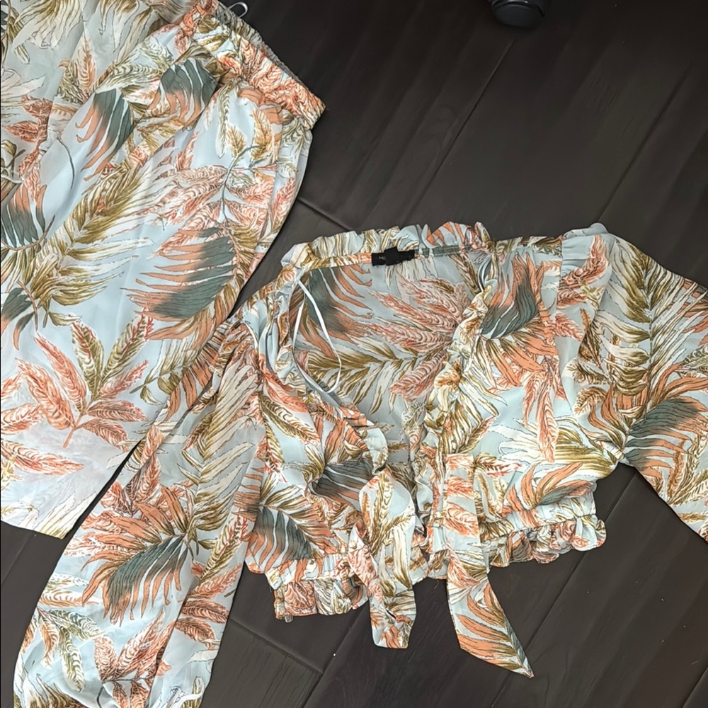 Tropical Leaf Print Blouse and MAXI Skirt Set
